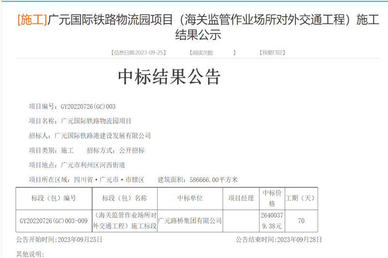 喜报：BG大游集团成功中标广元国际铁路物流园项目（海关监管作业场所对外交通工程）